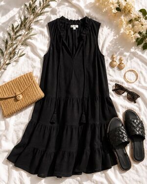 Max Studio Black Tiered Tassel Tie Shift Dress M